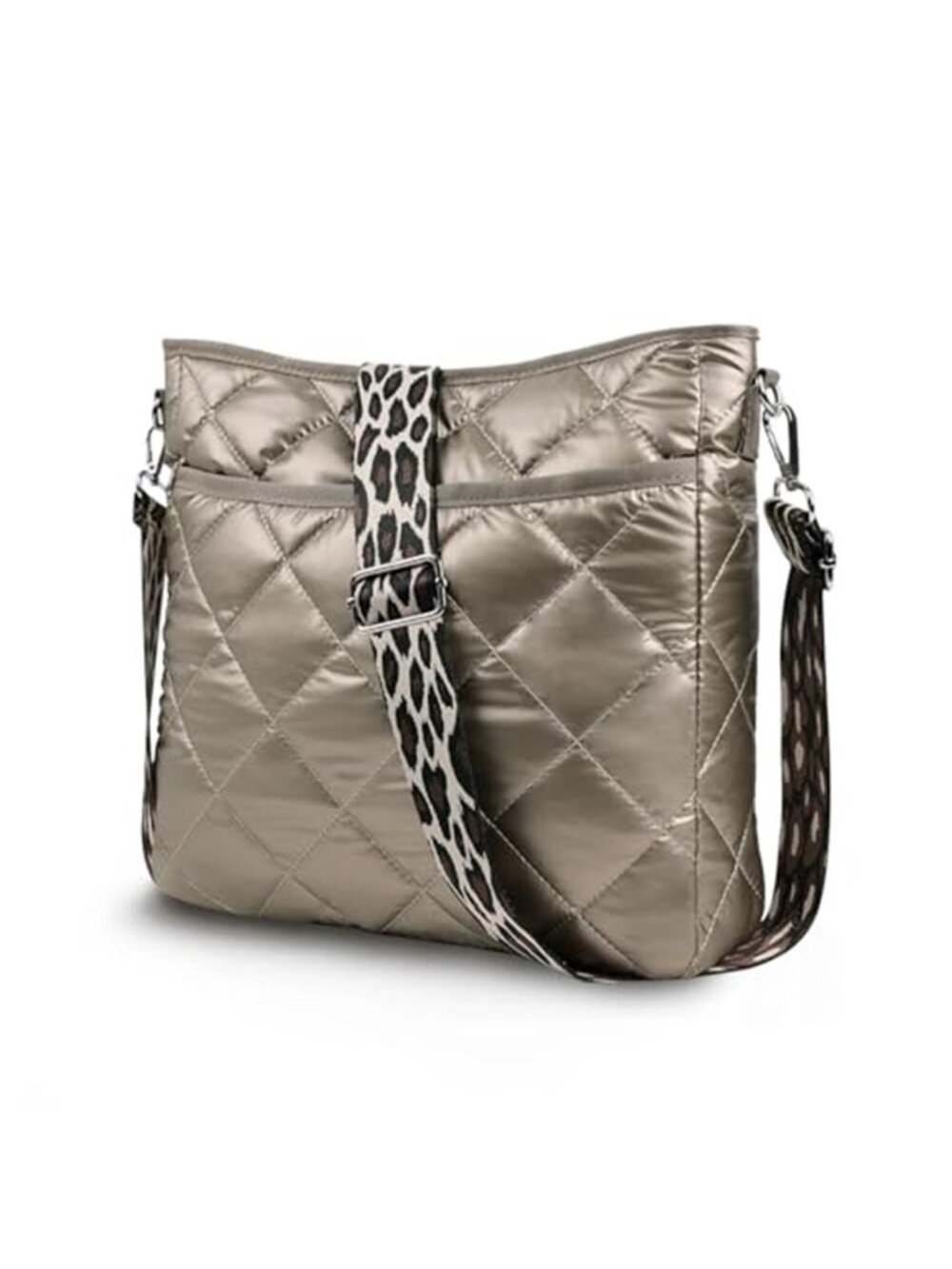 Silver Quilted Puffer Crossbody Bag Nylon Shoulder Tote Zipper Purse